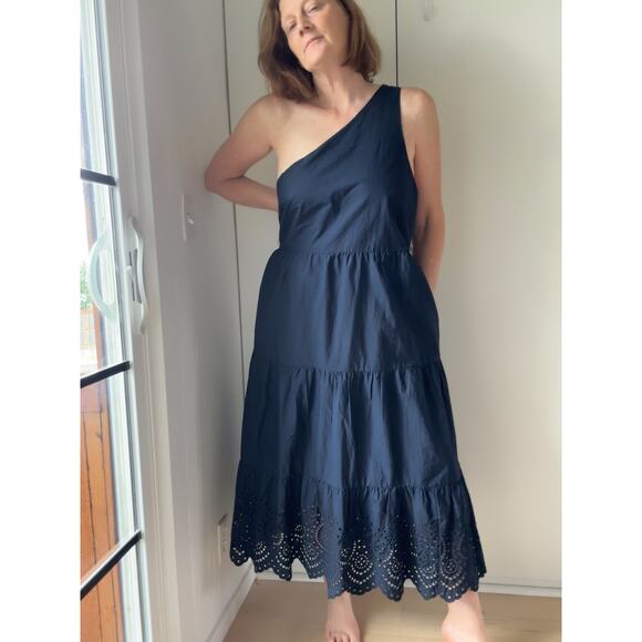 GAP Womens Dress One Shoulder Navy Eyelet Trim Summer Size 20 Knee Length NEW - Picture 1 of 6
